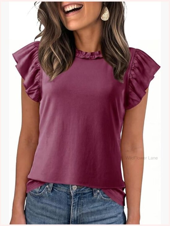 Tops - Flutter Short Sleeve T Shirts Ruffle Crewneck Blouse Flowy Business Work Top